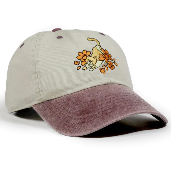 PANDA SKATEBOARDS - Cat and Flowers Embroidered Cap - Sand/Plum