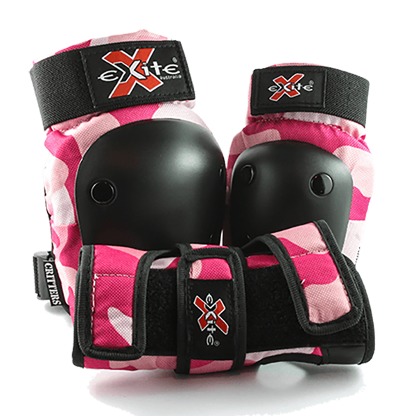 Exite Critters Pads - Jr Premium 3 Pack Pink Camo Kids Protective Gear Skate Pads